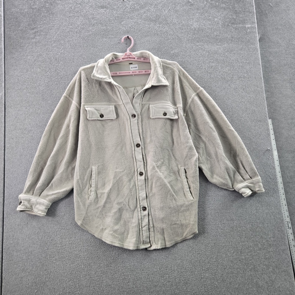 Free People Women Jacket L Gray Ruby Fleece Shacket Collared READ